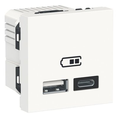 Розетка USB 2.0 зарядна подвійна, 2.4А, A+C, 2 модуля, білий, Unica NEW NU301818 NU301818 фото