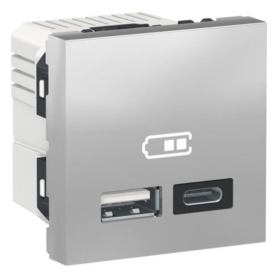 Розетка USB 2.0 зарядна подвійна, 2.4А, A+C, 2 модуля, алюміній, Unica NEW NU301830 NU301830 фото