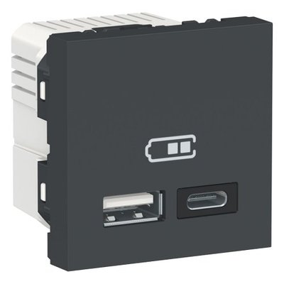 Розетка USB 2.0 зарядна подвійна, 2.4А, A+C, 2 модуля, антрацит, Unica NEW NU301854 NU301854 фото