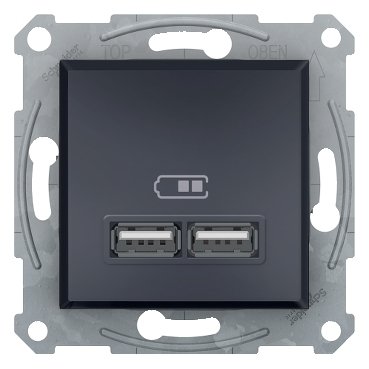 Розетка USB, 2 выхода 2.0, 5V-DC, макс 2.1A, Антрацит, Asfora EPH2700271 EPH2700271 фото