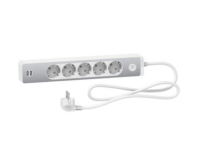 Подовжувач на 5 розеток + 2хUSB 2.4А, кабель 1,5 метри, білий+алюміній, Schneider Electric ST945U1WA ST945U1WA фото