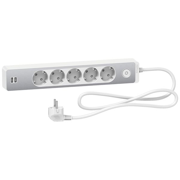 Удлинитель на 5 розеток + 2хUSB 2.4А, кабель 1,5 метра, белый алюминий, Schneider Electric ST945U1WA ST945U1WA фото